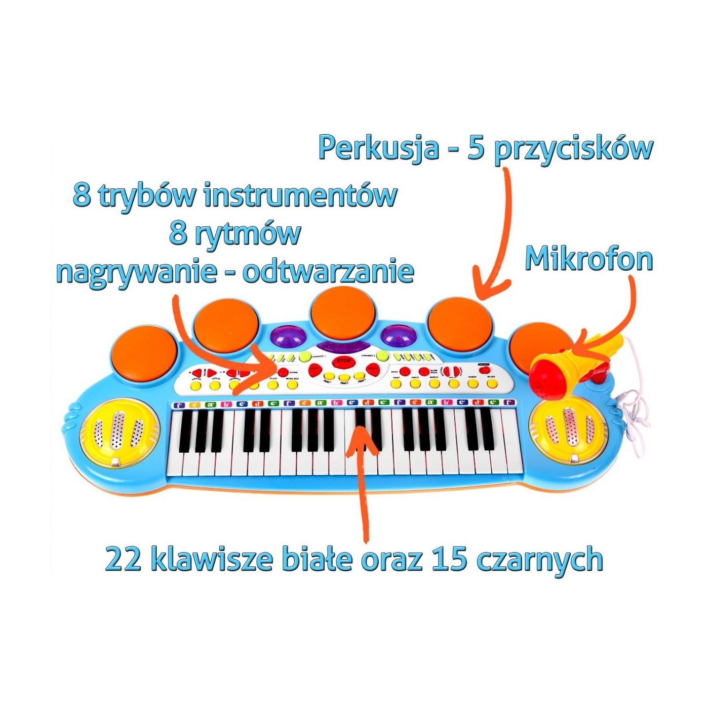 Modrá hudební sada keybord Snare mikrofon děti 3 světla 3 oktávy