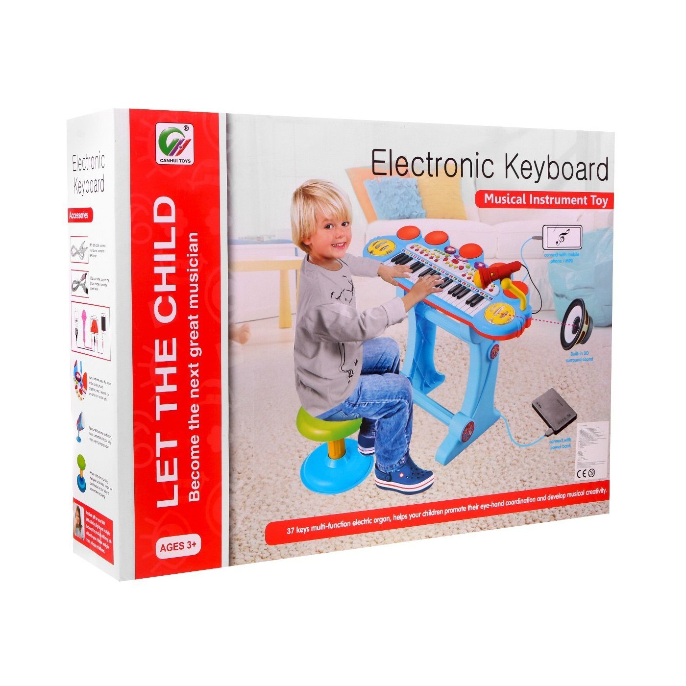 Modrá hudební sada keybord Snare mikrofon děti 3 světla 3 oktávy