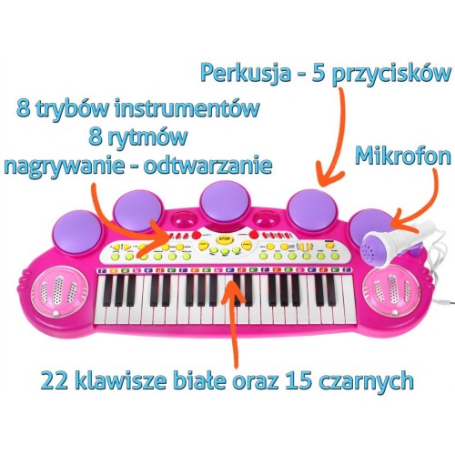 Růžová hudební sada keybord  Snare mikrofon děti 3 světla 3 oktávy