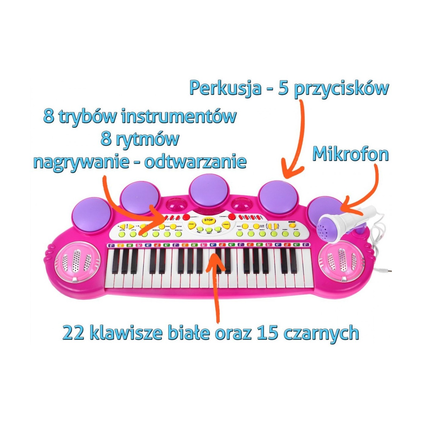 Růžová hudební sada keybord  Snare mikrofon děti 3 světla 3 oktávy