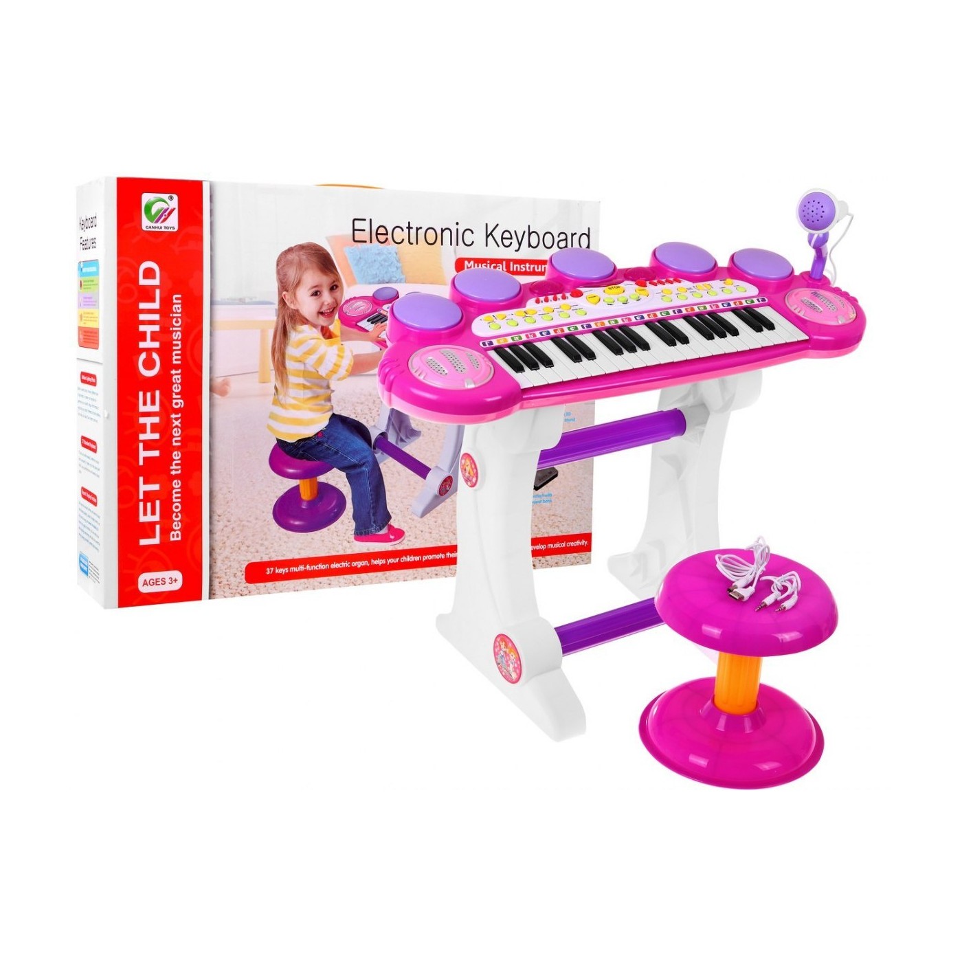 Růžová hudební sada keybord  Snare mikrofon děti 3 světla 3 oktávy