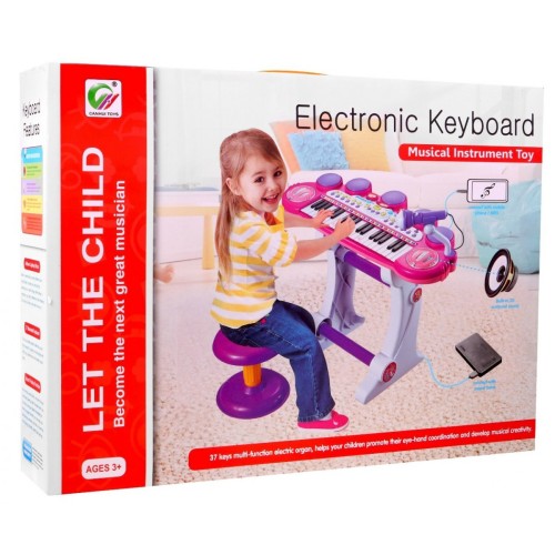 Růžová hudební sada keybord  Snare mikrofon děti 3 světla 3 oktávy