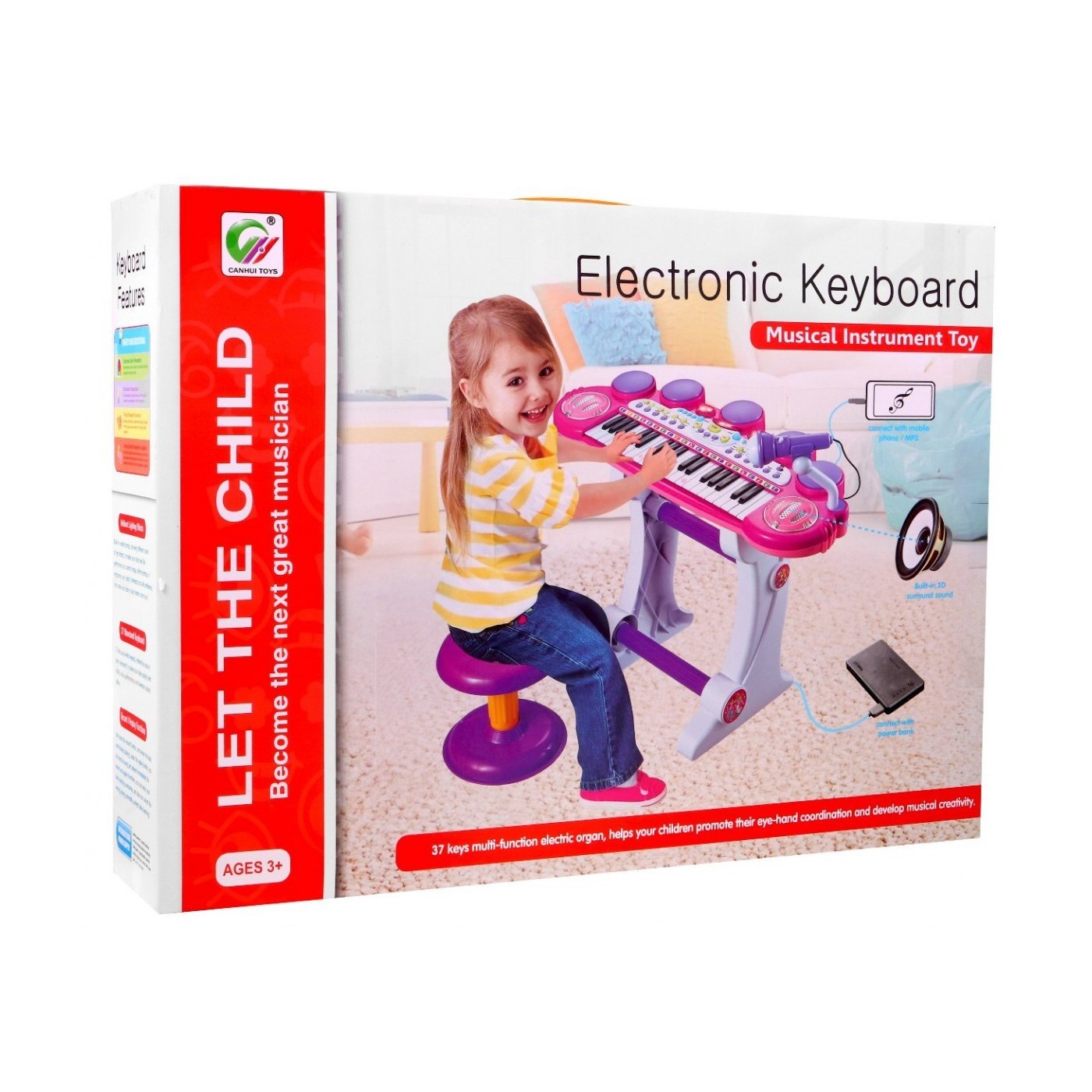 Růžová hudební sada keybord  Snare mikrofon děti 3 světla 3 oktávy