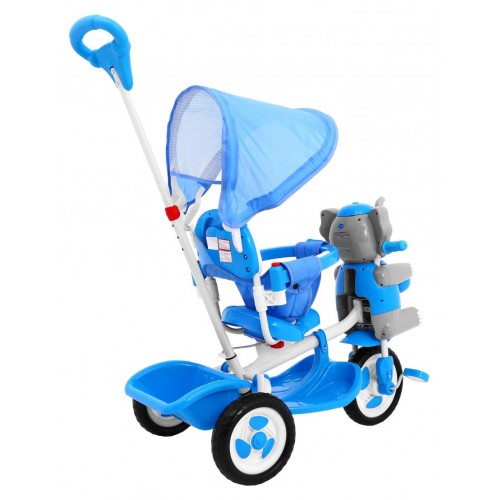 3kolové dětské kolo Blue Elephant + Zvuky + Stříška + Zábrana + Opěrka na nohy + Rukojeť + Úložný prostor