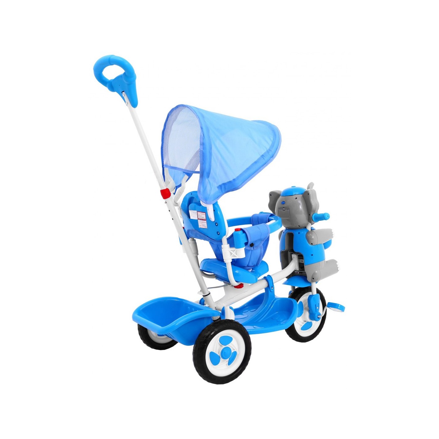 3kolové dětské kolo Blue Elephant + Zvuky + Stříška + Zábrana + Opěrka na nohy + Rukojeť + Úložný prostor