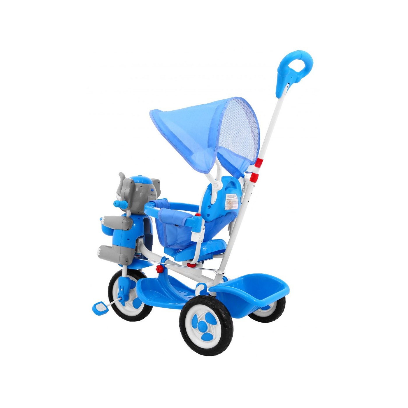 3kolové dětské kolo Blue Elephant + Zvuky + Stříška + Zábrana + Opěrka na nohy + Rukojeť + Úložný prostor
