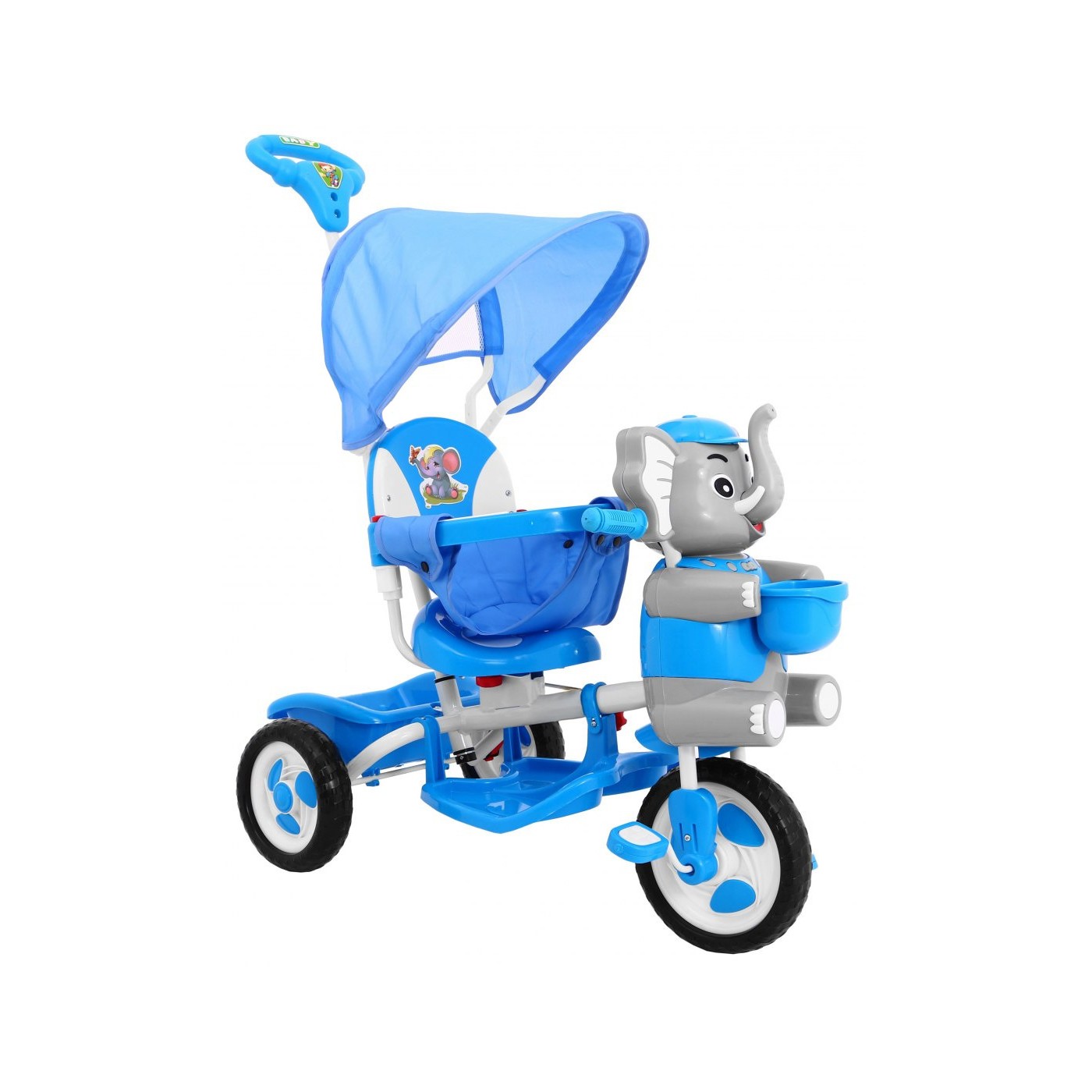 3kolové dětské kolo Blue Elephant + Zvuky + Stříška + Zábrana + Opěrka na nohy + Rukojeť + Úložný prostor