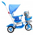 3kolové dětské kolo Blue Elephant + Zvuky + Stříška + Zábrana + Opěrka na nohy + Rukojeť + Úložný prostor
