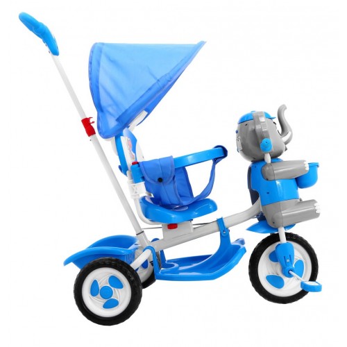 3kolové dětské kolo Blue Elephant + Zvuky + Stříška + Zábrana + Opěrka na nohy + Rukojeť + Úložný prostor