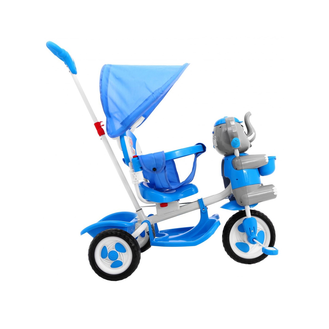 3kolové dětské kolo Blue Elephant + Zvuky + Stříška + Zábrana + Opěrka na nohy + Rukojeť + Úložný prostor