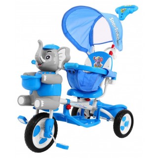 3kolové dětské kolo Blue Elephant + Zvuky + Stříška + Zábrana + Opěrka na nohy + Rukojeť + Úložný prostor