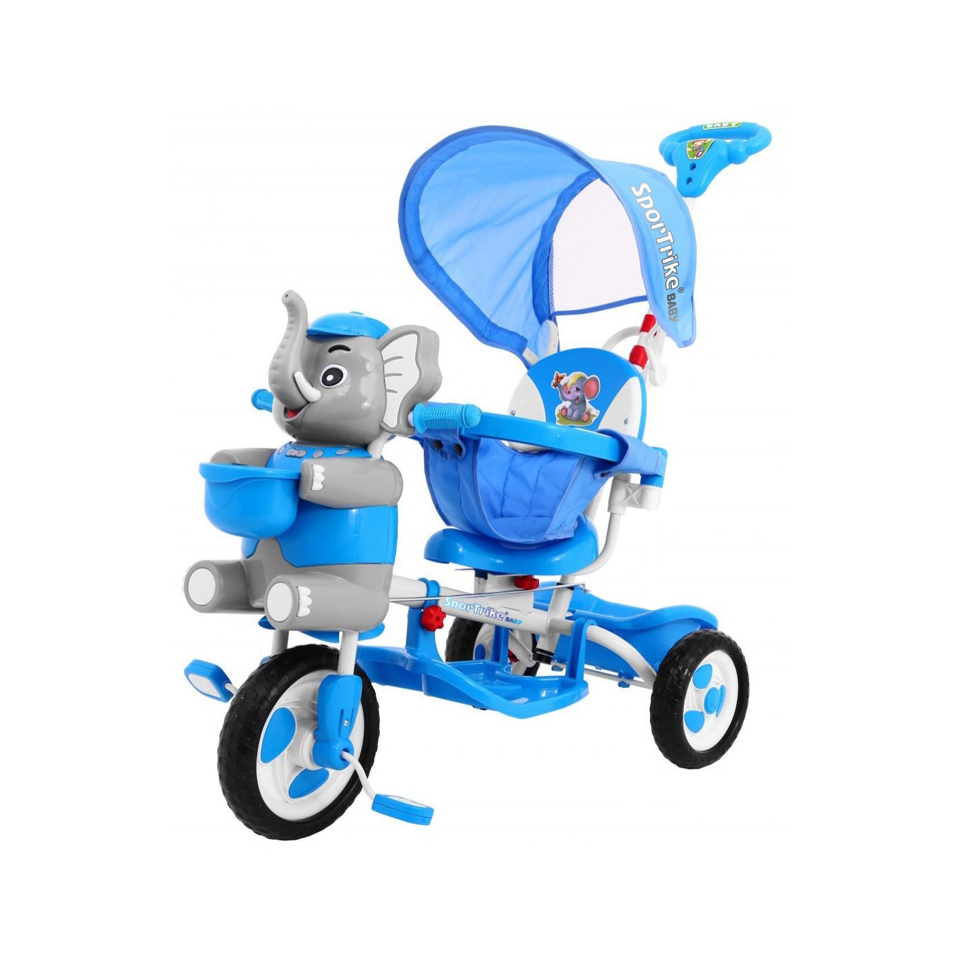 3kolové dětské kolo Blue Elephant + Zvuky + Stříška + Zábrana + Opěrka na nohy + Rukojeť + Úložný prostor