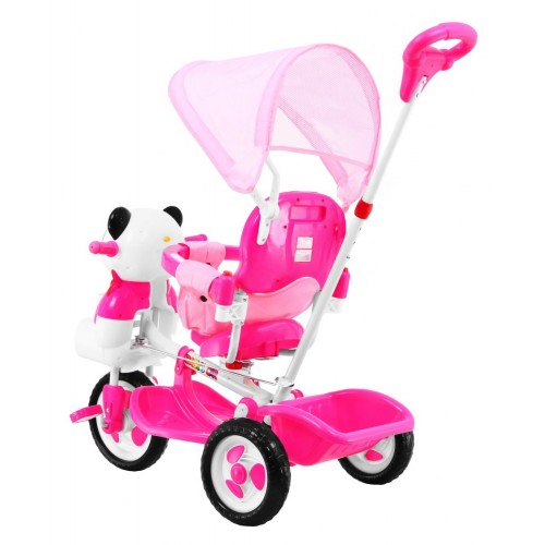 3kolové dětské kolo Panda Pink + Sounds + Canopy + Barrier + Opěrka na nohy + Rukojeť + Úložný prostor