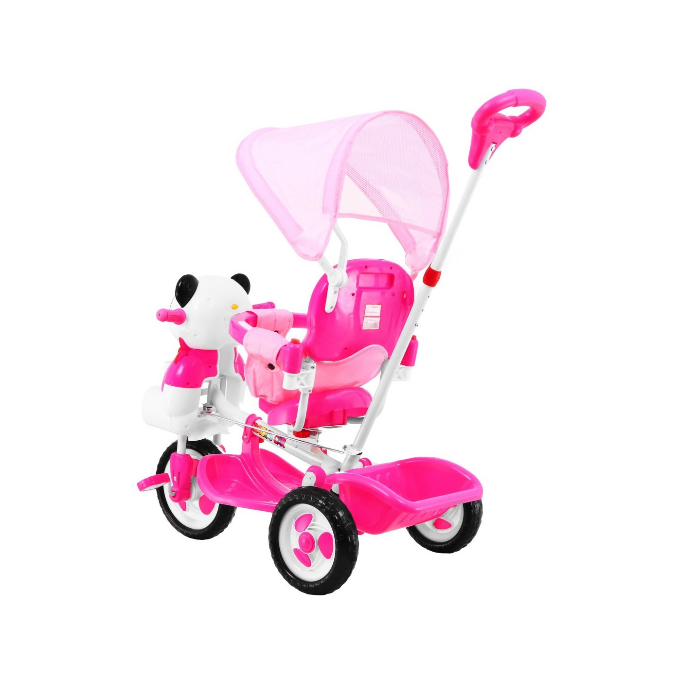 3kolové dětské kolo Panda Pink + Sounds + Canopy + Barrier + Opěrka na nohy + Rukojeť + Úložný prostor