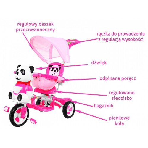 3kolové dětské kolo Panda Pink + Sounds + Canopy + Barrier + Opěrka na nohy + Rukojeť + Úložný prostor