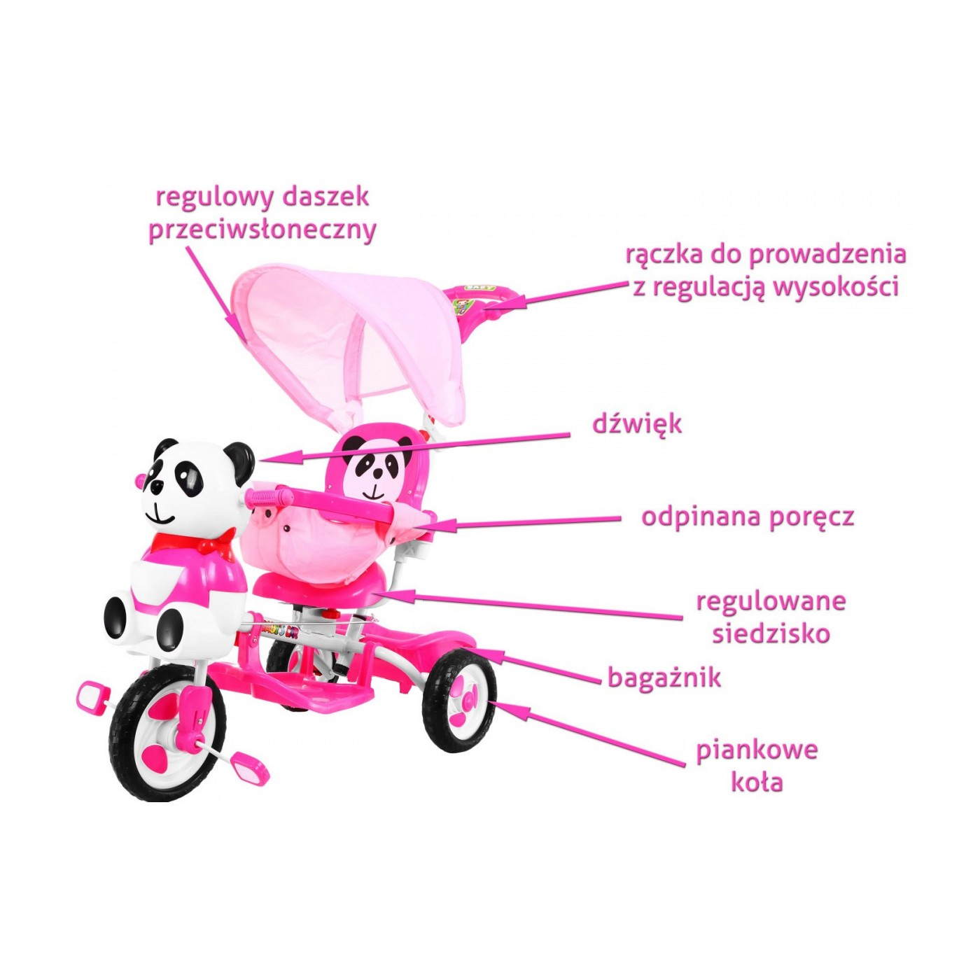 3kolové dětské kolo Panda Pink + Sounds + Canopy + Barrier + Opěrka na nohy + Rukojeť + Úložný prostor