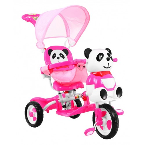 3kolové dětské kolo Panda Pink + Sounds + Canopy + Barrier + Opěrka na nohy + Rukojeť + Úložný prostor