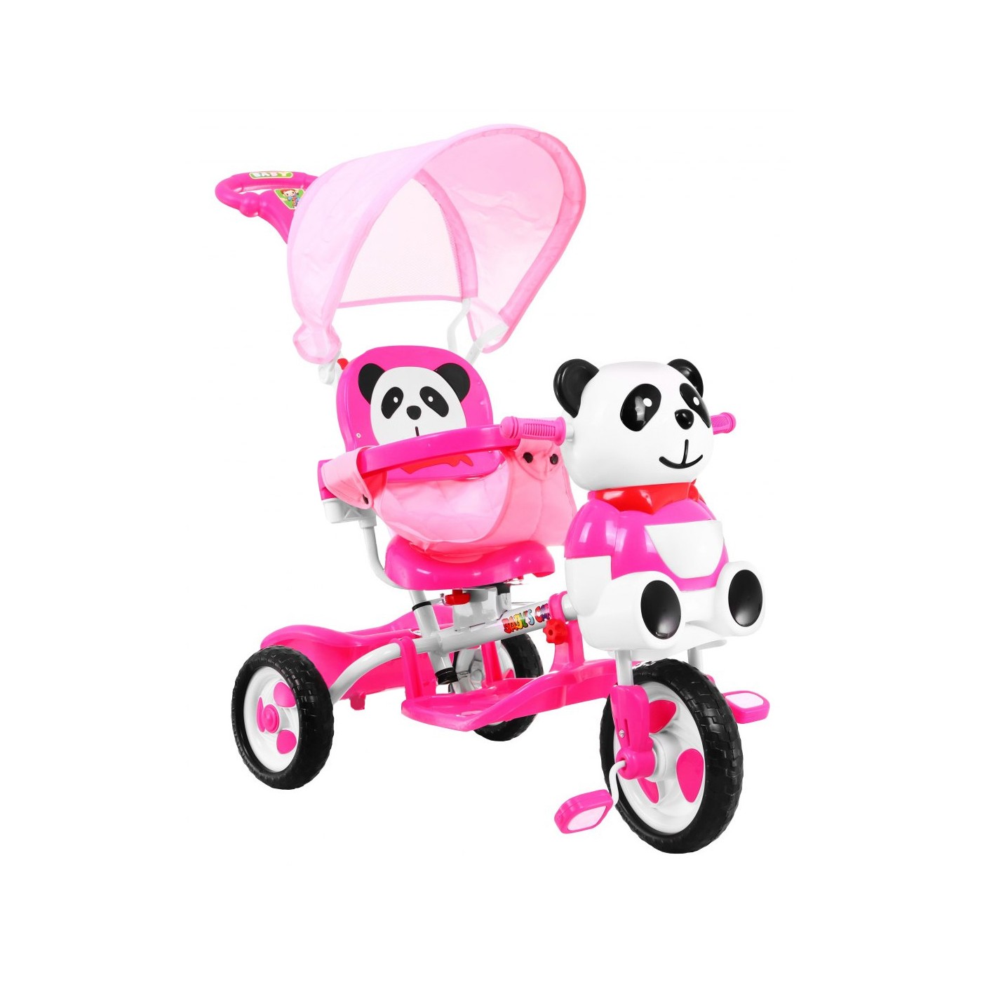 3kolové dětské kolo Panda Pink + Sounds + Canopy + Barrier + Opěrka na nohy + Rukojeť + Úložný prostor