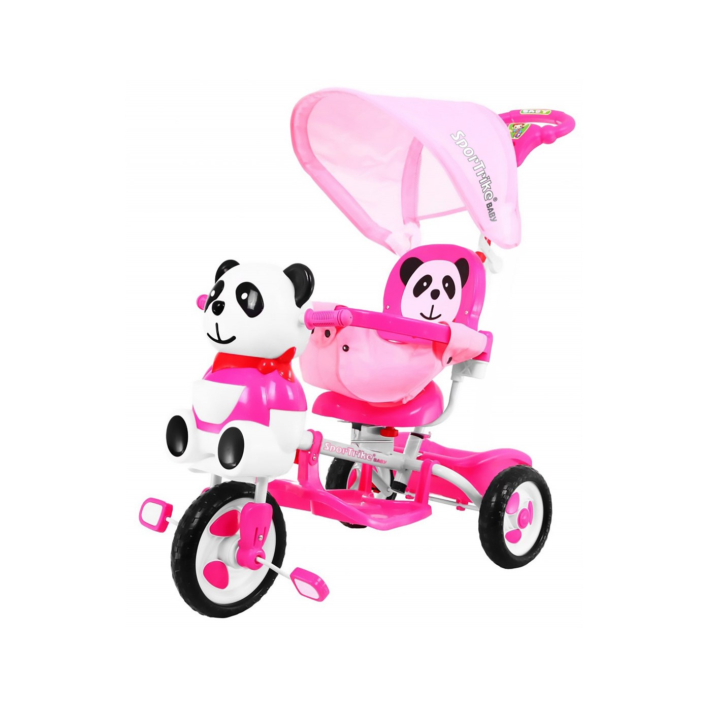 3kolové dětské kolo Panda Pink + Sounds + Canopy + Barrier + Opěrka na nohy + Rukojeť + Úložný prostor