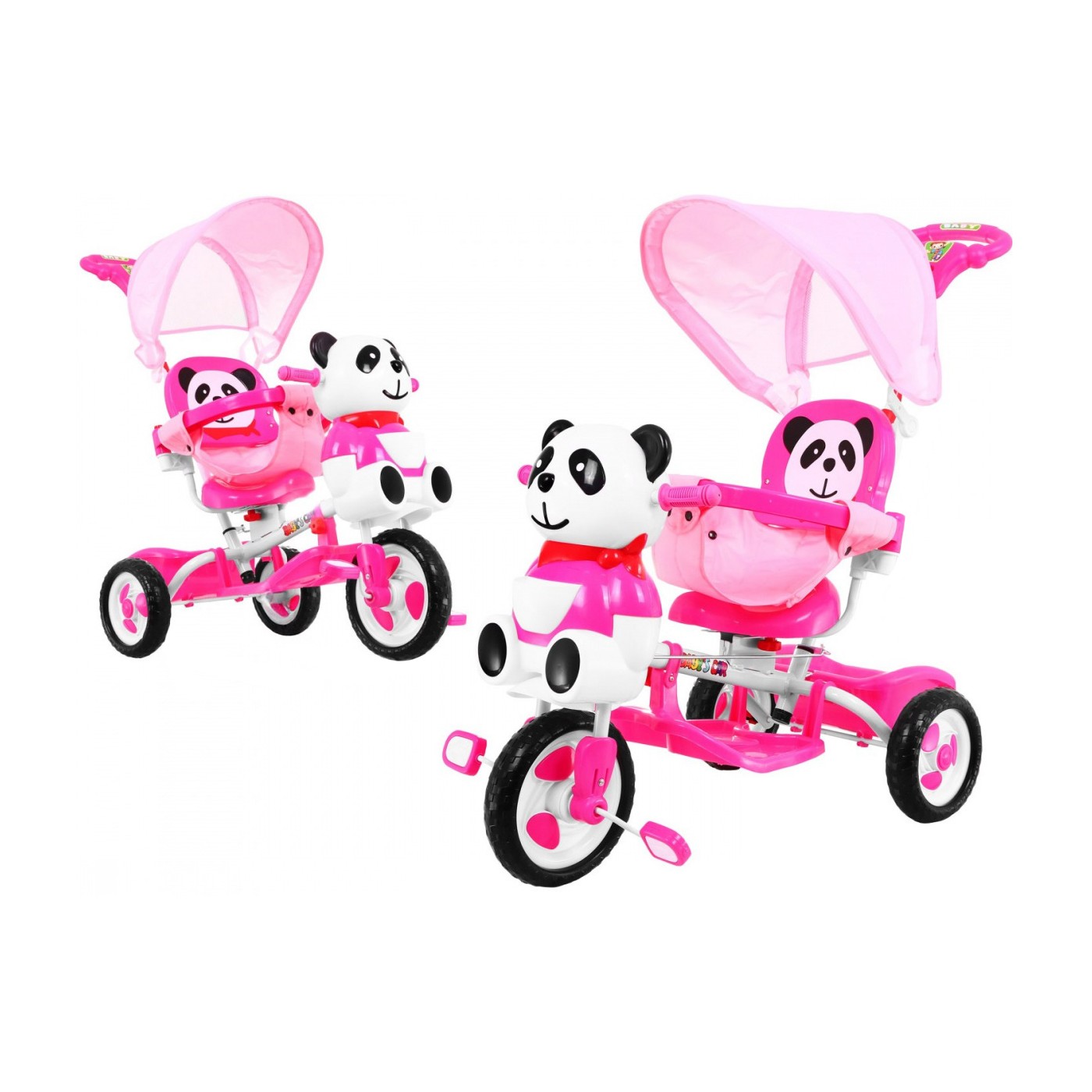 3kolové dětské kolo Panda Pink + Sounds + Canopy + Barrier + Opěrka na nohy + Rukojeť + Úložný prostor
