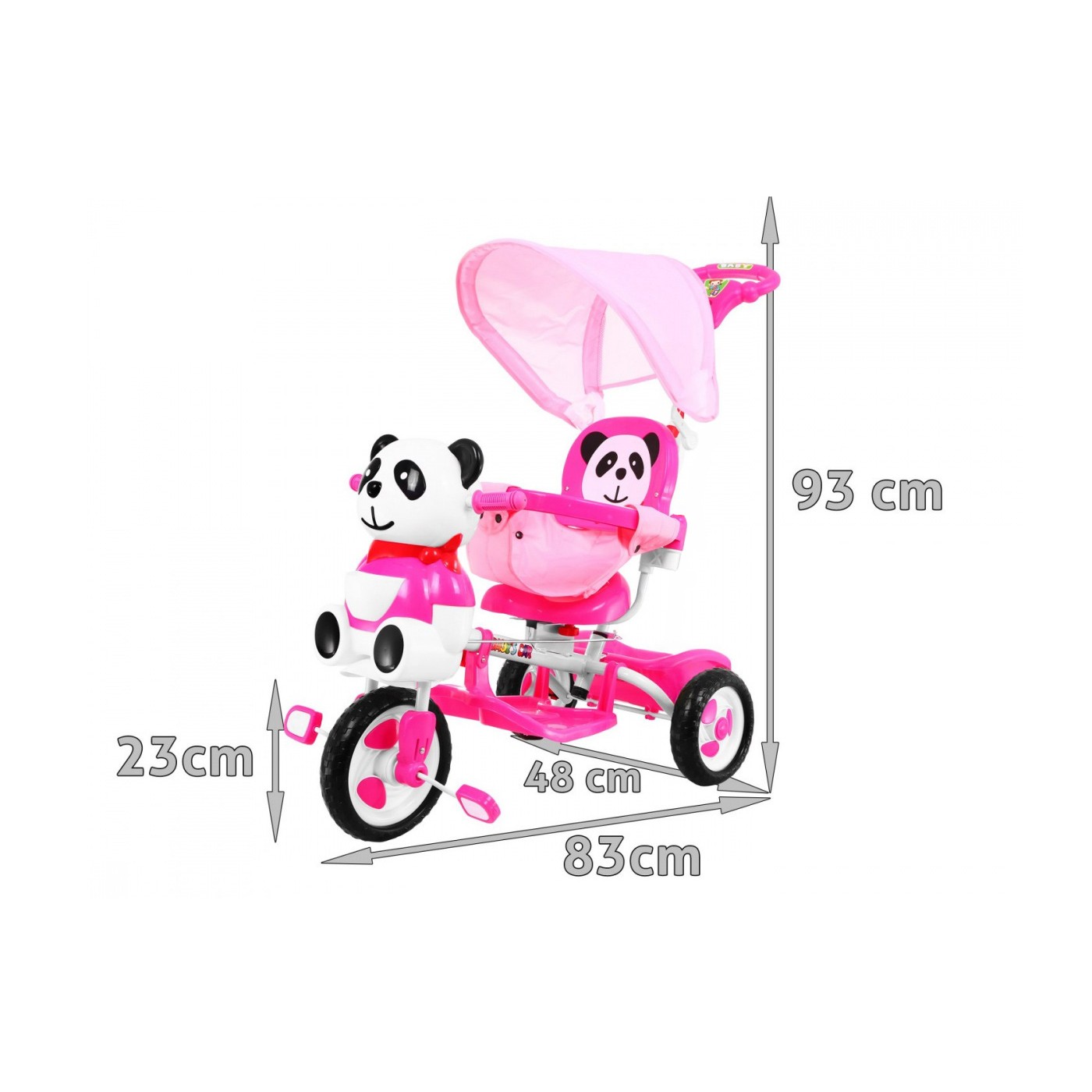 3kolové dětské kolo Panda Pink + Sounds + Canopy + Barrier + Opěrka na nohy + Rukojeť + Úložný prostor