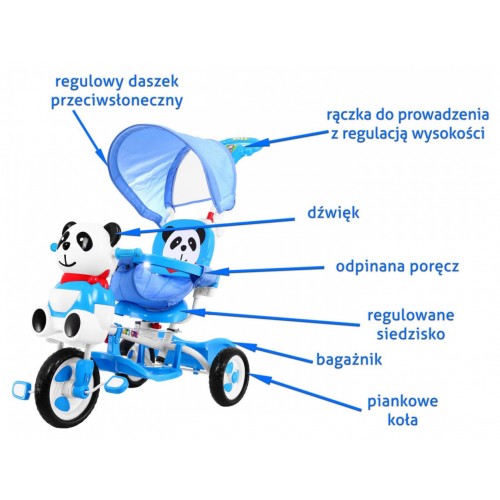 3kolové dětské kolo Panda Blue + Sounds + Canopy + Barrier + Opěrka na nohy + Rukojeť + Úložný box