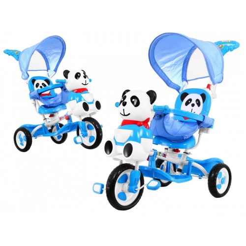 3kolové dětské kolo Panda Blue + Sounds + Canopy + Barrier + Opěrka na nohy + Rukojeť + Úložný box