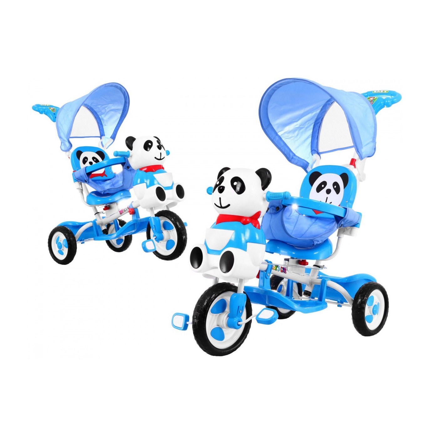 3kolové dětské kolo Panda Blue + Sounds + Canopy + Barrier + Opěrka na nohy + Rukojeť + Úložný box