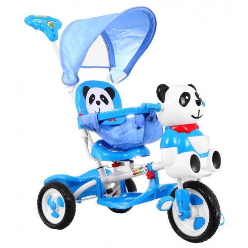 3kolové dětské kolo Panda Blue + Sounds + Canopy + Barrier + Opěrka na nohy + Rukojeť + Úložný box