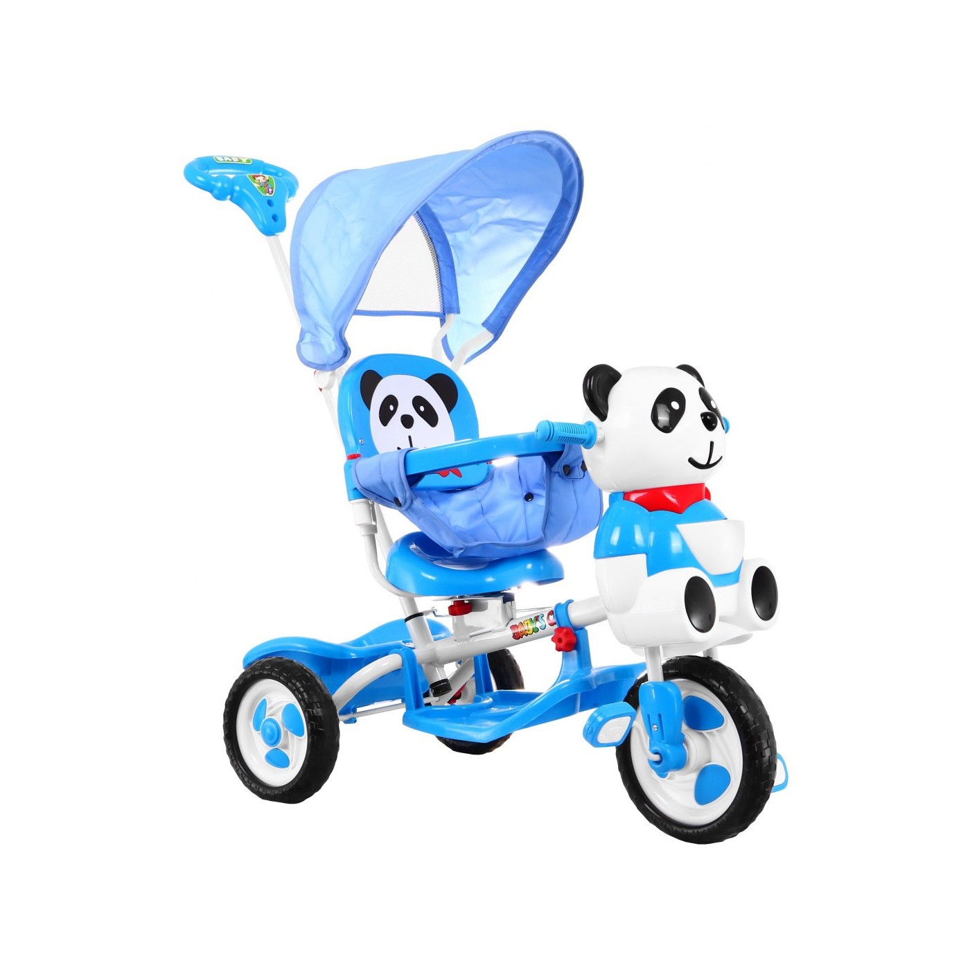 3kolové dětské kolo Panda Blue + Sounds + Canopy + Barrier + Opěrka na nohy + Rukojeť + Úložný box