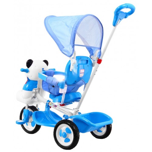 3kolové dětské kolo Panda Blue + Sounds + Canopy + Barrier + Opěrka na nohy + Rukojeť + Úložný box