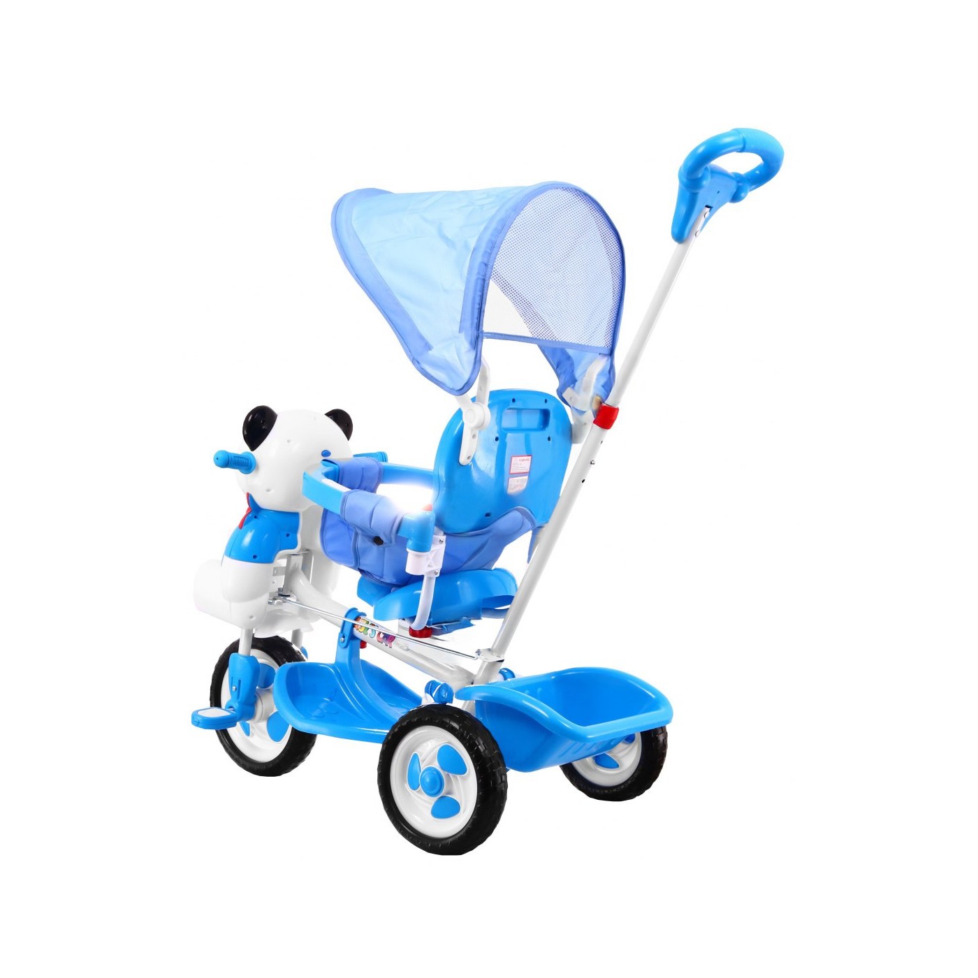 3kolové dětské kolo Panda Blue + Sounds + Canopy + Barrier + Opěrka na nohy + Rukojeť + Úložný box