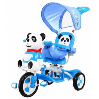3kolové dětské kolo Panda Blue + Sounds + Canopy + Barrier + Opěrka na nohy + Rukojeť + Úložný box
