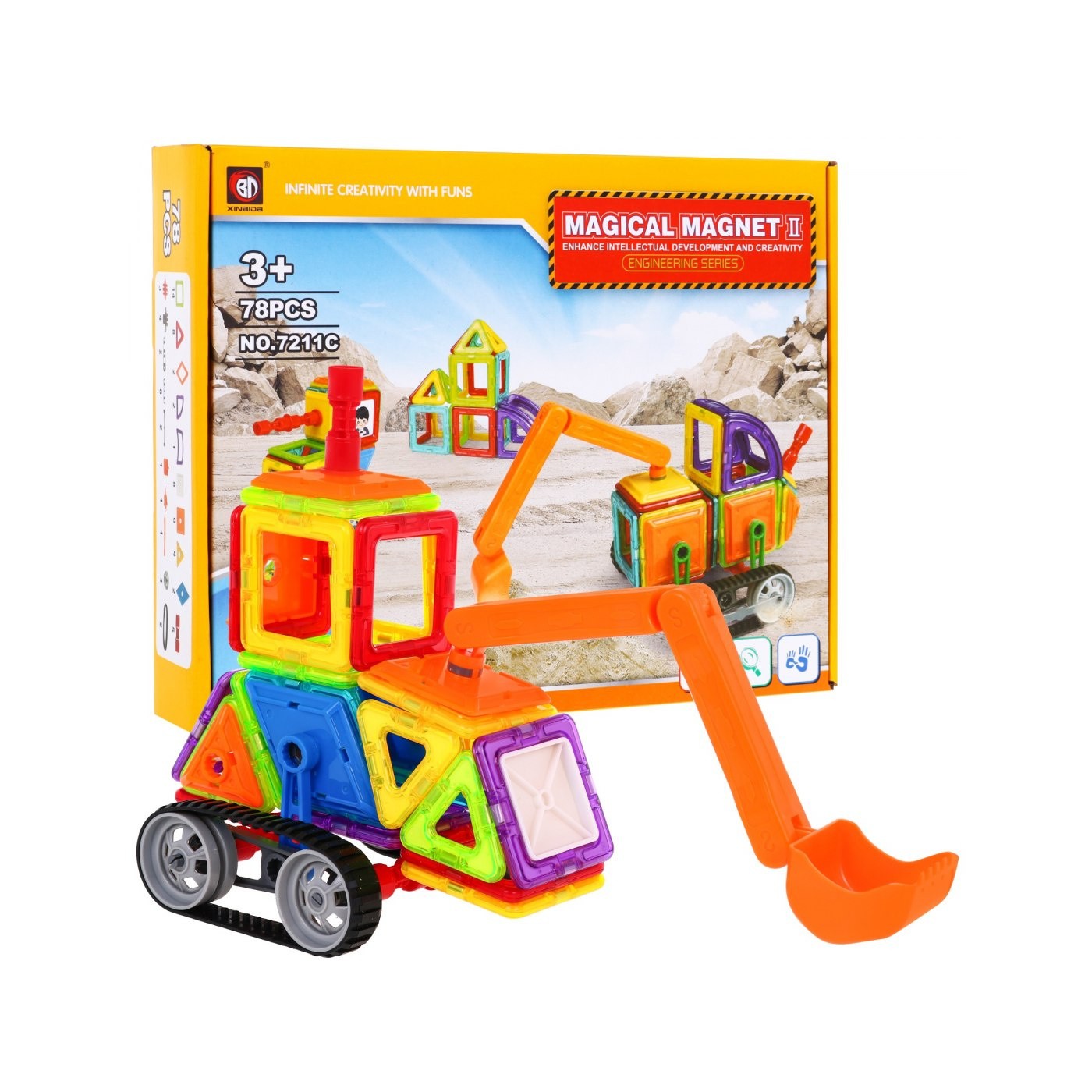 Stavební magnetické bloky pro děti 3+ Sada 78 ks. Magnetické a plastové podložky kolečkového modulu ramene rypadla