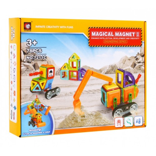 Stavební magnetické bloky pro děti 3+ Sada 78 ks. Magnetické a plastové podložky kolečkového modulu ramene rypadla
