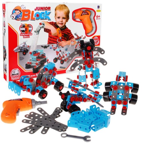Stavební bloky pro děti 6+ Elektrický šroubovák + Nářadí + 10 modelů pro stavbu 552 el.