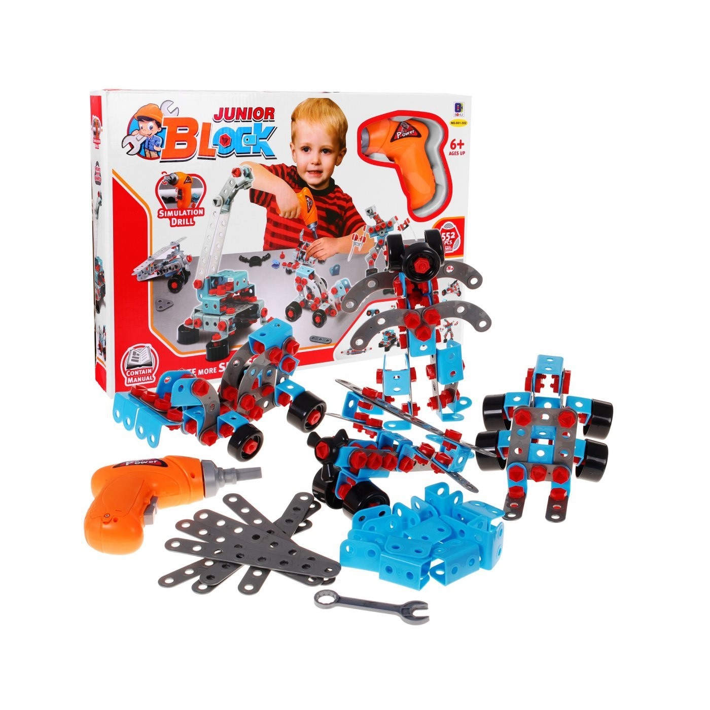 Stavební bloky pro děti 6+ Elektrický šroubovák + Nářadí + 10 modelů pro stavbu 552 el.