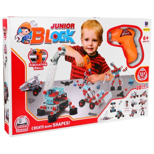Stavební bloky pro děti 6+ Elektrický šroubovák + Nářadí + 10 modelů pro stavbu 552 el.