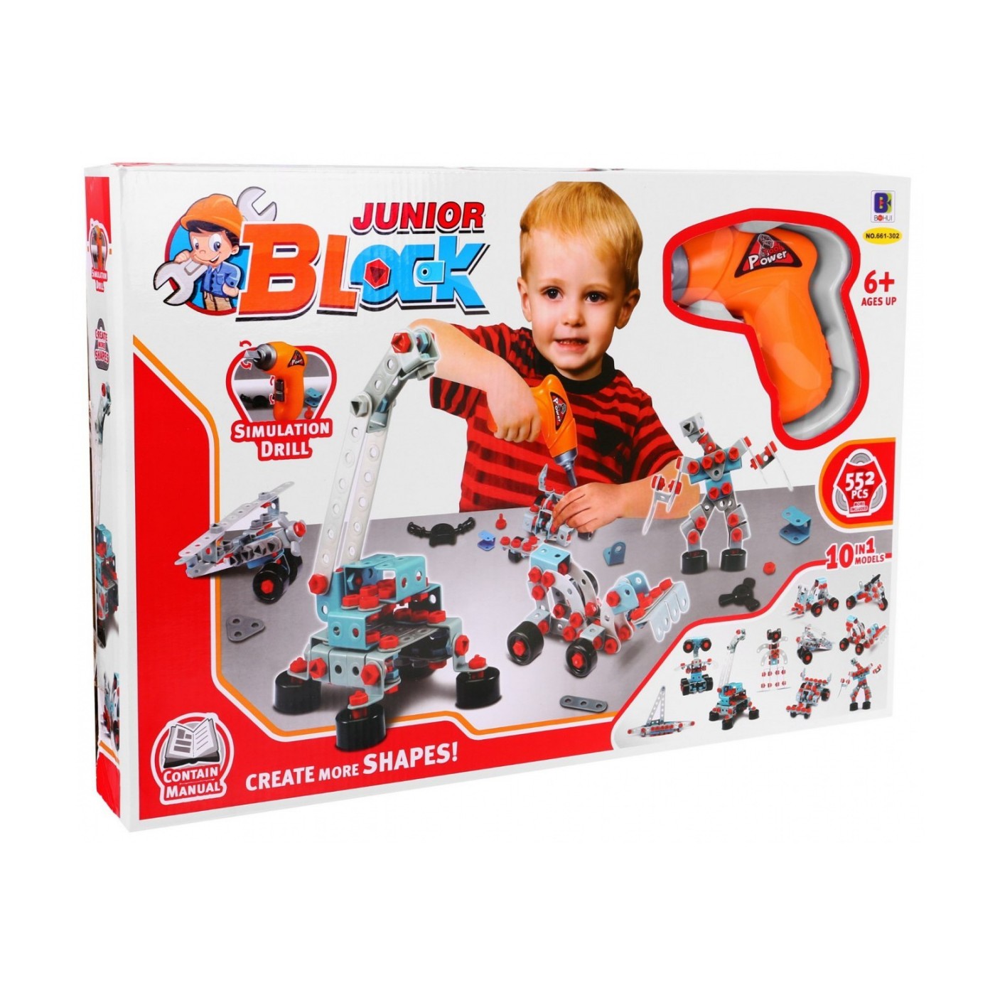 Stavební bloky pro děti 6+ Elektrický šroubovák + Nářadí + 10 modelů pro stavbu 552 el.