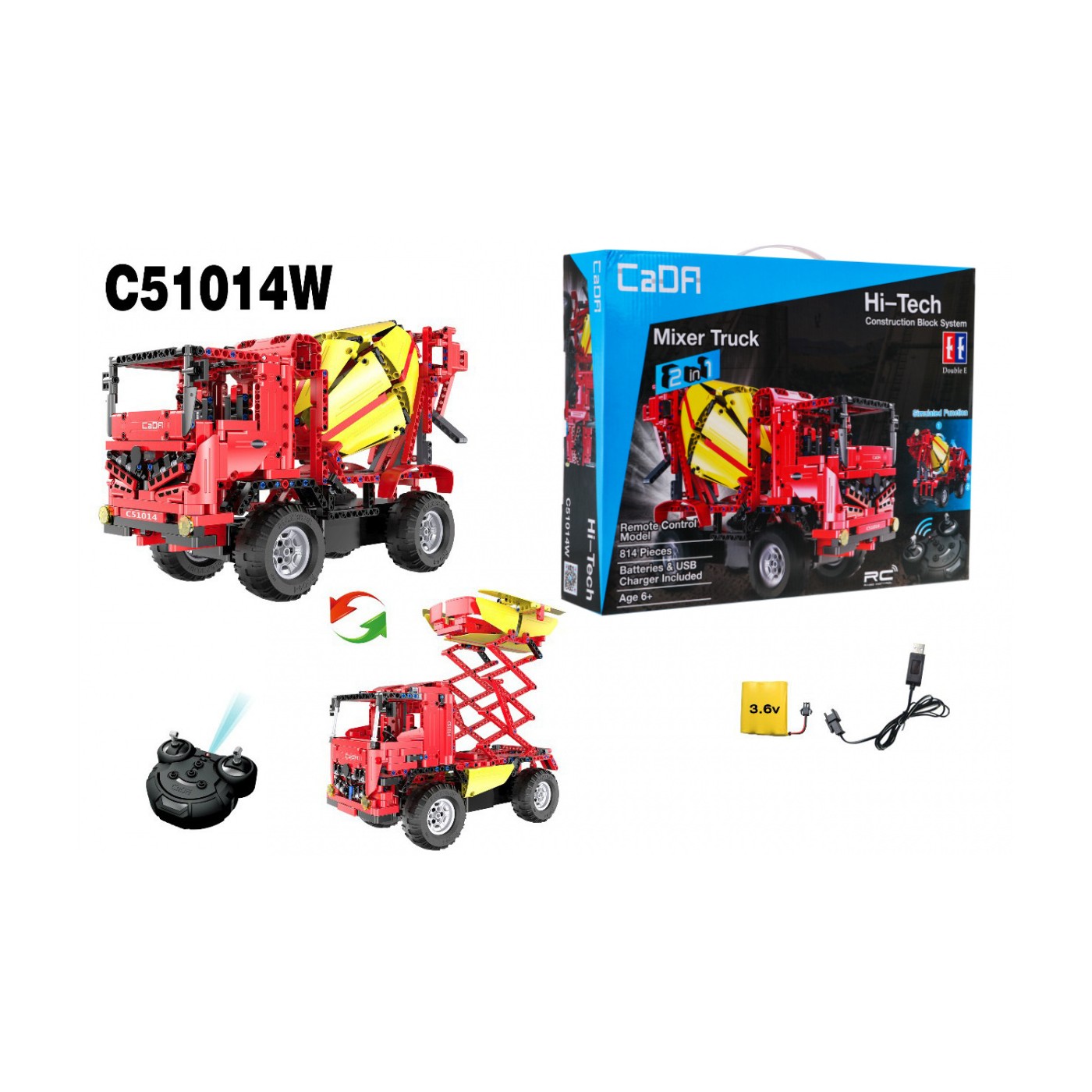 Technické bloky CaDA 814 el. Dálkové ovládání Míchačka betonu Truck 2v1 Dětský výtah 6+