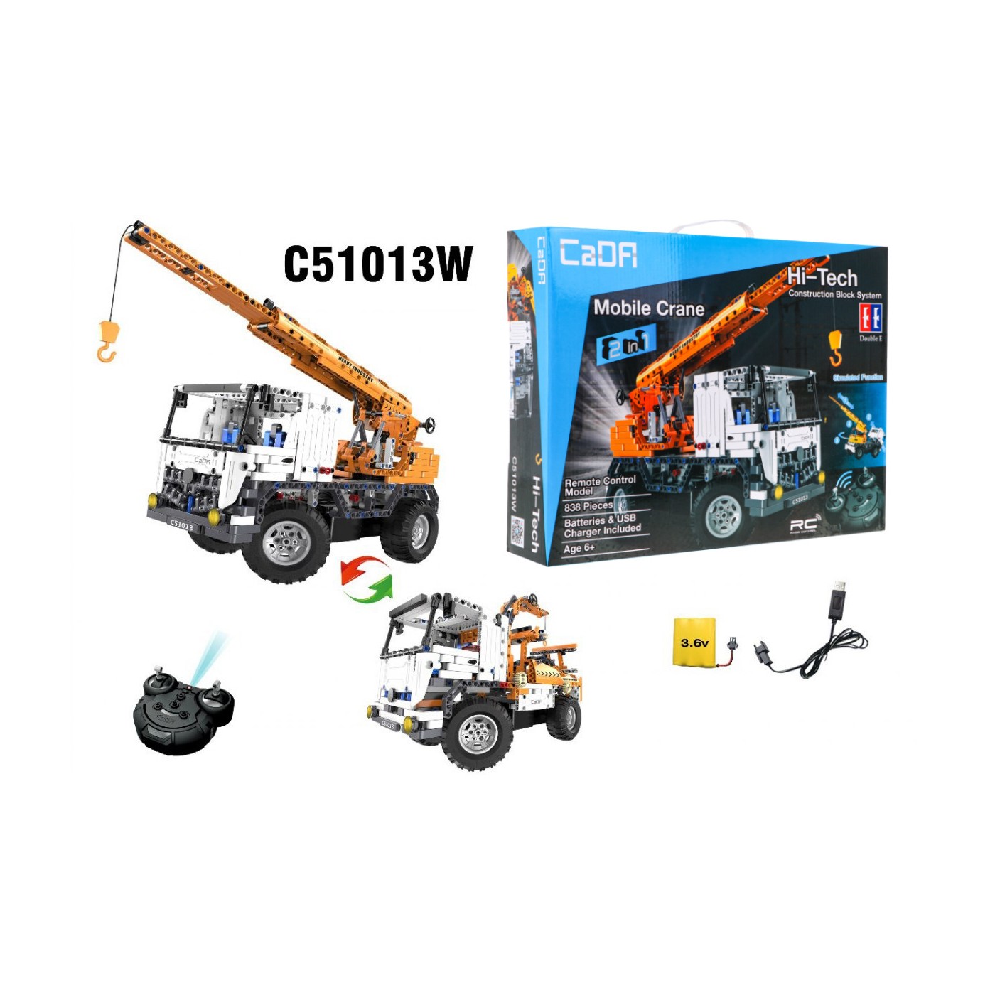 Technické bloky CaDA 838 el. Dálkové ovládání jeřáb 2v1 naviják pro děti 6+