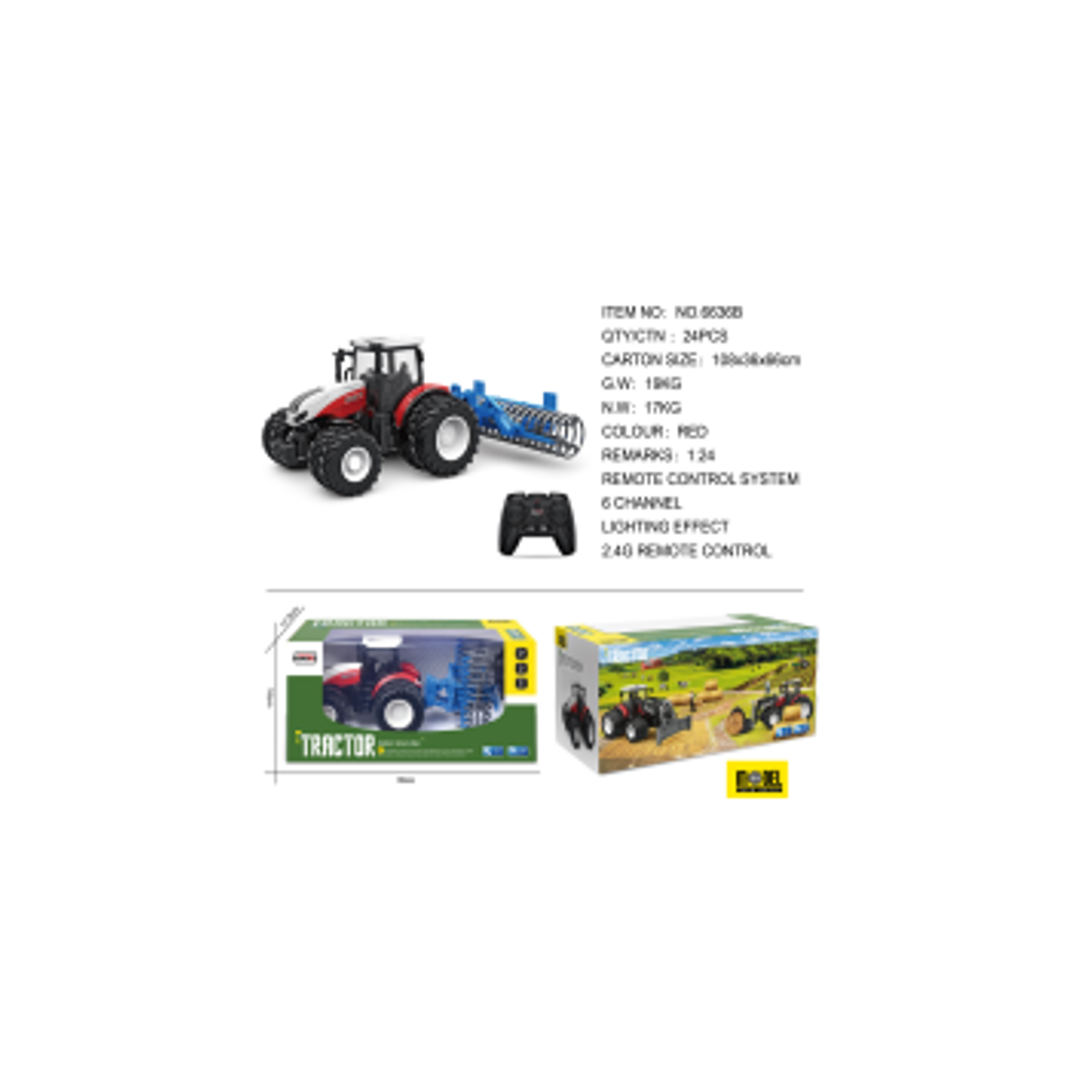R/C traktor 1:24 červený s hráběmi