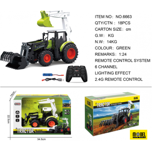 R/C traktor 1:24 zelený s funkcí rypadla