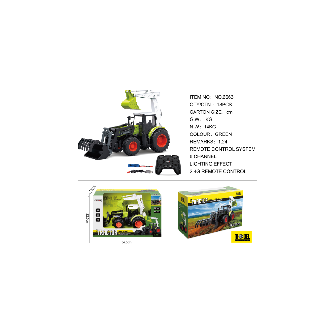 R/C traktor 1:24 zelený s funkcí rypadla