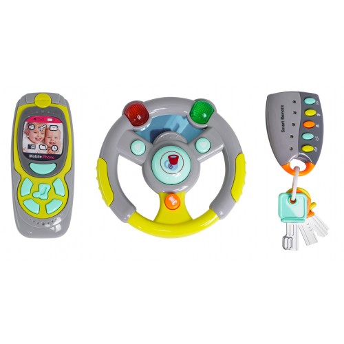 Dětská interaktivní sada ovladačů 3+ Volant + Ovládání s klíči + Telefon + Zvuky světla