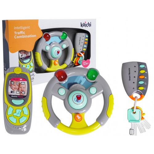 Dětská interaktivní sada ovladačů 3+ Volant + Ovládání s klíči + Telefon + Zvuky světla