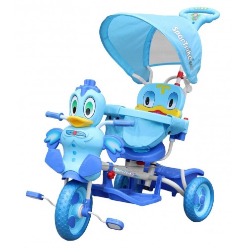 Dětské tříkolové kolo Duck Blue + zvuky + střecha + zábrana + stupačka + rukojeť + úložný prostor
