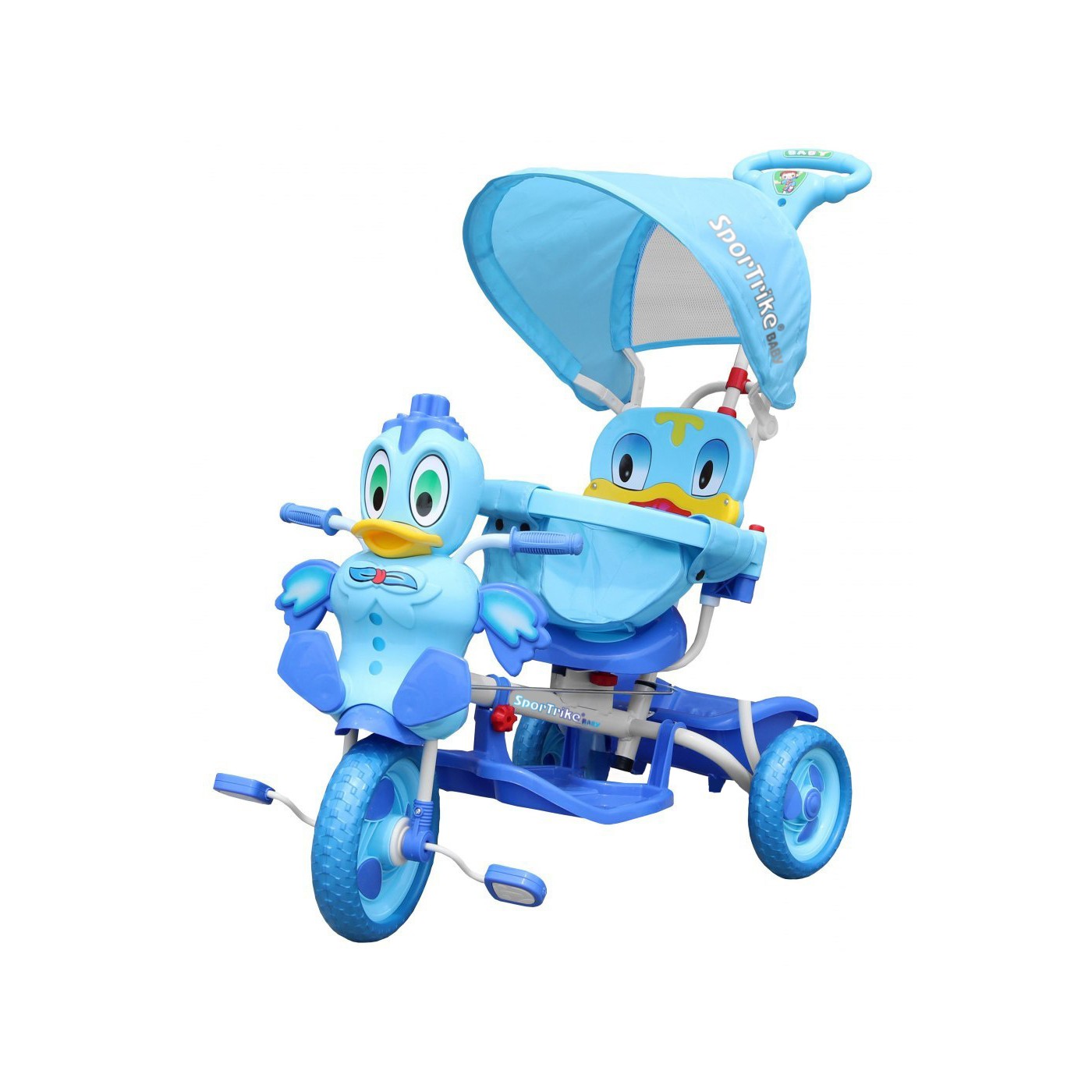 Dětské tříkolové kolo Duck Blue + zvuky + střecha + zábrana + stupačka + rukojeť + úložný prostor