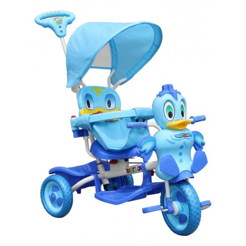 Dětské tříkolové kolo Duck Blue + zvuky + střecha + zábrana + stupačka + rukojeť + úložný prostor