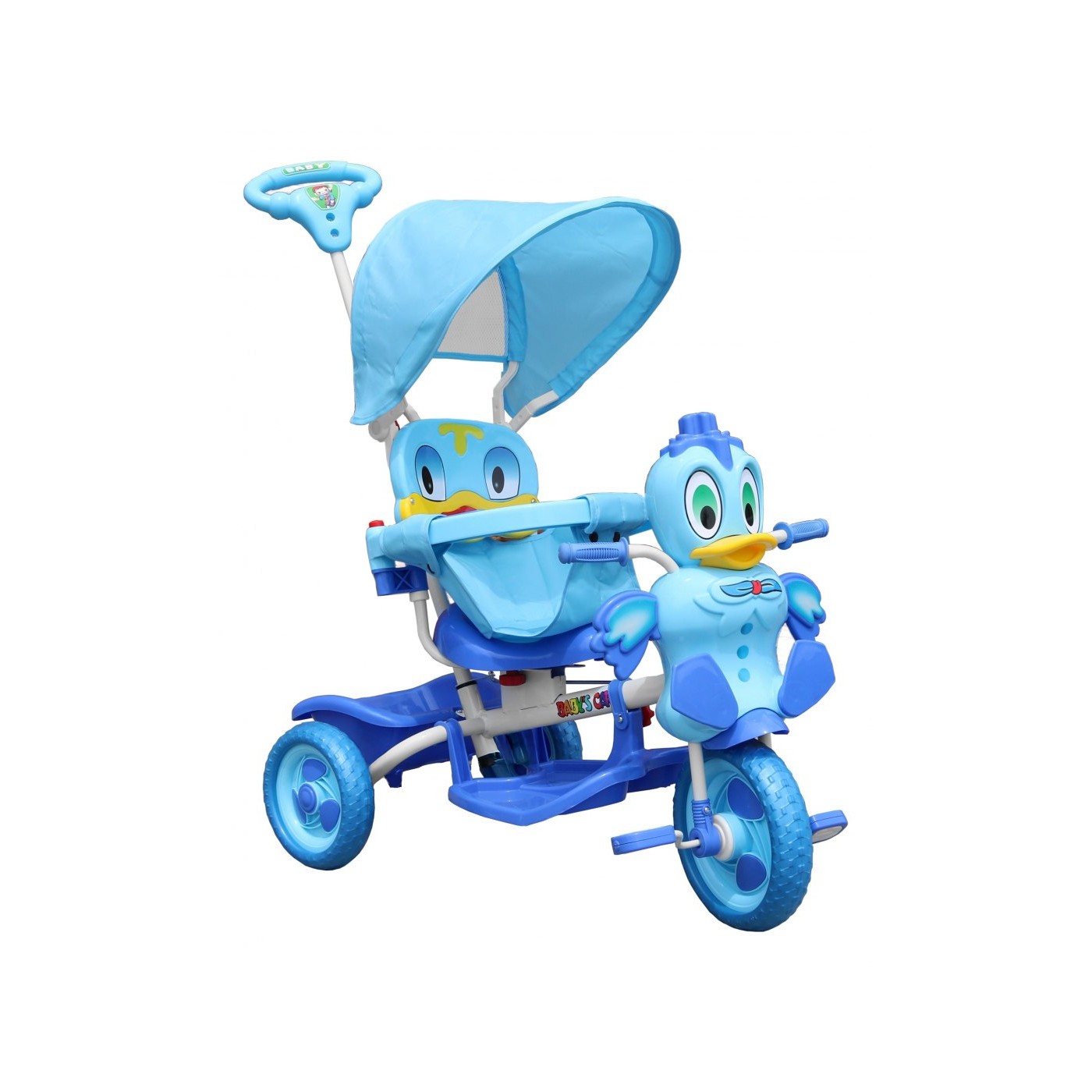 Dětské tříkolové kolo Duck Blue + zvuky + střecha + zábrana + stupačka + rukojeť + úložný prostor